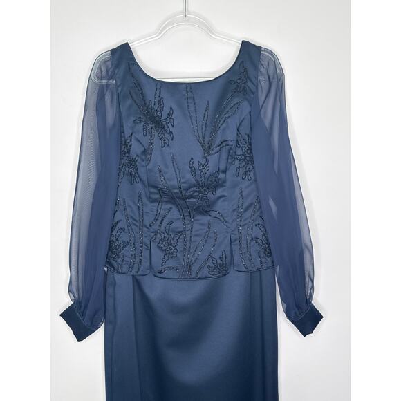1990s Eve of Milady Navy Beaded Evening Dress with Sheer Sleeves M - L - Picture 3 of 14
